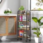 Slim Storage Cart, 4 Tier Rolling Utility Cart on Wheels, Slim Bathroom Storage for Small Spaces in Kitchen, Dining Room, Bathroom, Laundry Room Rustic Brown