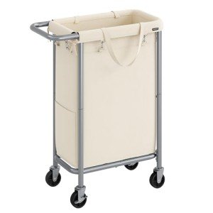 SONGMICS Laundry Basket with Wheels, Rolling Laundry Hamper, 23.8 Gallons (90L), Removable Liner, Steel Frame with Handle, Blanket Storage, 24 x 11.4 x 31.9 Inches, Cream White URLS003W01
