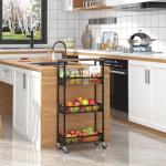 XYZLVSI Slim Storage Cart 4 Tier Narrow Kitchen Rolling Cart on Wheels for Small Space, Mobile Utility Cart Shelving Unit with Wooden Top and Metal Handle for Kitchen, Bathroom, Laundry Room