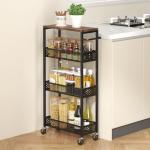XYZLVSI Slim Storage Cart 4 Tier Narrow Kitchen Rolling Cart on Wheels for Small Space, Mobile Utility Cart Shelving Unit with Wooden Top and Metal Handle for Kitchen, Bathroom, Laundry Room