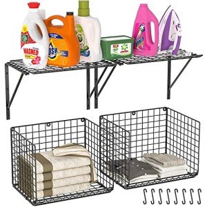 3IngSeagulls 2 Pack Laundry Room Shelves, Wire Baskets with 8 Hooks, Over Washer and Dryer Shelf, Wall Mounted Storage and Clothes Drying Rack, Black