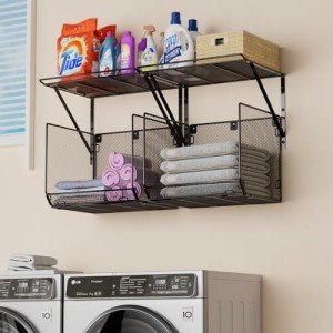 BigPonPon 2 Pack Laundry Room Shelves Organization and Storage,Wall Mounted Clothes Drying Rack with Wire Mesh Basket Over Washer and Dryer, (Black, 2 Pack)