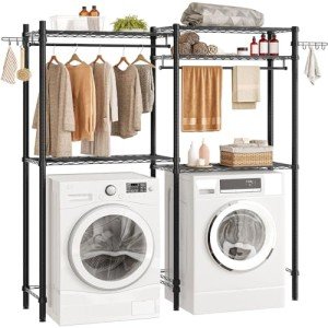 HOOBRO Over Washer and Dryer Storage Shelves, 5 Tier Laundry Room Standing Shelf with 2 Hanger Rods and Rotatable Hooks, Clothes Drying Rack, 63.4" W x 13.4" D x 76.7" H, Black BK05LR01