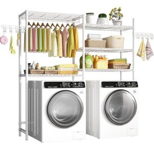 Ulif U5 Over the Washer and Dryer Storage Shelf, Laundry Room Space Saver Bathroom Storage and Organizer Rack for Hanging Towels and Drying Clothes with 5 Wire Shelves, 58.2"W x 13.4"D x 77.5"H, White