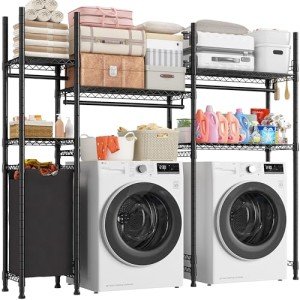 Raybee Over The Washer and Dryer Storage, Laundry Room Organization and Storage with Laundry Hamper and Hooks Washer and Dryer,17.3" D x 78.7" W x 76.4" H