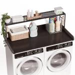 DTK Washer Dryer Countertop with Shelf, 27.55" Depth x 54" Width Laundry Wood Top Cover with Anti-Slip Strips, Over Washer and Dryer Wood Countertop with Edge Rails, Black