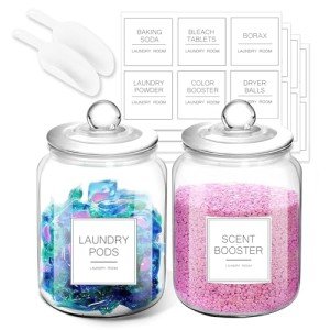 FyndraX Laundry Pods Glass Jars - Half Gallon Airtight Containers with Scoop and Labels for Organization and Storage Laundry Room Detergents Powder, Scent Booster Beads Holder, Set of 2