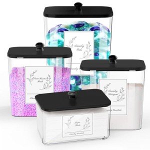 COAZEX 4 Pack Clear Laundry Pods Container & Dryer Sheet Holder, Plastic Square Laundry Room Organization and Storage Jars with Lids, Scoops & Labels for Detergent, Powder, Dryer Balls (Black Lid)