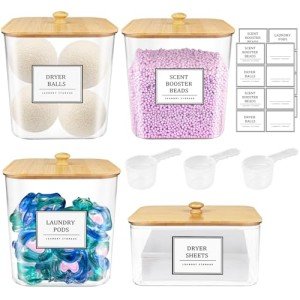 3+1 Pack Laundry Pods Container,Clear Laundry Room Organization Containers,Large Laundry Detergent Powder Storage Containers with Wooden Lids & Labels,Laundry Pods Holder for Scent Booster,Powder,Pods