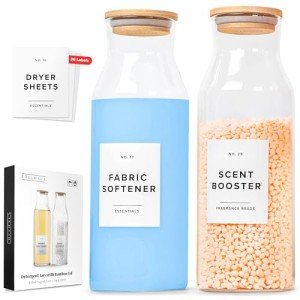 Glass Laundry Detergent Dispenser Containers with 36 Labels - Glass Jars with Lids - Laundry Room Organization - Storage Containers for Detergent, pods, liquid Fabric softener, Scent Booster Set of 2