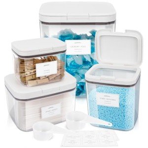 Zingbee 4 Pack Stackable Laundry Pods Container & Dryer Sheet Holder with Pop-Up Lids & Labels, Sealing Laundry Room Organization and Storage Jars for Powder, Scent Bead, Dryer Balls