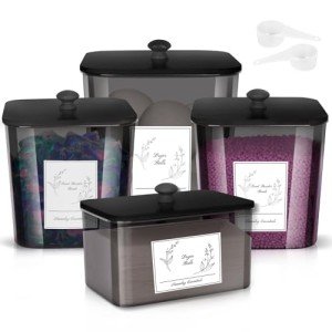 Zingbee 4 Pack Laundry Detergent Containers & Dryer Sheet Holder with Black Lids, Scoops & Labels - Plastic Laundry Organizer and Storage Jars for Pods, Detergent, Scent Booster