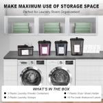 Zingbee 4 Pack Laundry Detergent Containers & Dryer Sheet Holder with Black Lids, Scoops & Labels - Plastic Laundry Organizer and Storage Jars for Pods, Detergent, Scent Booster