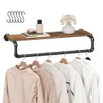 YATINEY Pipe Clothes Rack, 31.5 in Wall Mounted Garment Rack with Top Shelf, Industrial Clothing Rack with Hanging Rod, Heavy Duty Detachable, Space Saver Hanging Clothes Rack, Rustic Brown FS08BRY1
