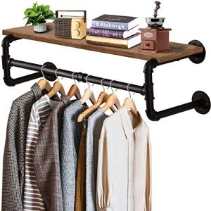 Yawinhe Industrial Pipe Clothes Rack with Top Shelf, Wall Mounted, Space Saving Hanger with 4 Bases, for Shops, Homes, 27.5''Lx10.2''Wx10.2''H, Rustic Brown, 1-Pack