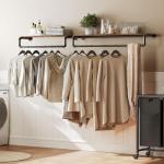 YATINEY Pipe Clothes Rack, 31.5 in Wall Mounted Garment Rack with Top Shelf, Industrial Clothing Rack with Hanging Rod, Heavy Duty Detachable, Space Saver Hanging Clothes Rack, Rustic Brown FS08BRY1