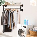 Yawinhe Industrial Pipe Clothes Rack with Top Shelf, Wall Mounted, Space Saving Hanger with 4 Bases, for Shops, Homes, 27.5''Lx10.2''Wx10.2''H, Rustic Brown, 1-Pack