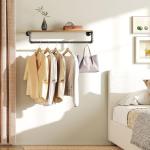 YATINEY Pipe Clothes Rack, 31.5 in Wall Mounted Garment Rack with Top Shelf, Industrial Clothing Rack with Hanging Rod, Heavy Duty Detachable, Space Saver Hanging Clothes Rack, Rustic Brown FS08BRY1