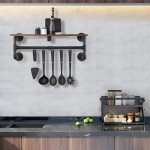 Yawinhe Industrial Pipe Clothes Rack with Top Shelf, Wall Mounted, Space Saving Hanger with 4 Bases, for Shops, Homes, 27.5''Lx10.2''Wx10.2''H, Rustic Brown, 1-Pack