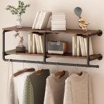 WTPLWD Industrial Pipe Clothing Racks with Top Shelf, 2 Tiers Wall Mounted Clothes Racks for Hanging Clothes, Heavy Duty Industrial Pipe Shelf with Hanging Rod for Laundry Room, Closet Storage