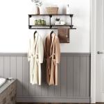 WTPLWD Industrial Pipe Clothing Racks with Top Shelf, 2 Tiers Wall Mounted Clothes Racks for Hanging Clothes, Heavy Duty Industrial Pipe Shelf with Hanging Rod for Laundry Room, Closet Storage