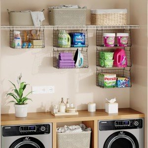 3-Pack Hanging Laundry Room Organizaton：Foldable Laundry Basket Wire Basket with 360°Rotating Hooks Space Saving Over Washer and Dryer Shelves - Laundry Organization and Storage, Black Patent
