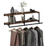WTPLWD Industrial Pipe Clothing Racks with Top Shelf, 2 Tiers Wall Mounted Clothes Racks for Hanging Clothes, Heavy Duty Industrial Pipe Shelf with Hanging Rod for Laundry Room, Closet Storage