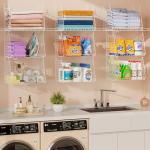 3-Pack Large Hanging Laundry Basket: Wire shelves for Laundry Room Organization with 360°Rotating Hooks Foldable Space Saving Over Washer and Dryer Shelves -Metal Laundry Basket Holder, White Patent