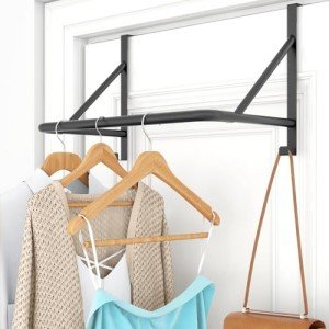 CHJgroup Over The Door Clothes Hanger Rod, Metal Over Door Hanger for Clothes, Clothes Drying Rack for Door for Laundry, Bedroom, Washroom, Fits Door Up to 1.97", Black