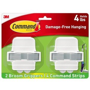 Command Broom and Mop Grippers, 2 Hangers and 4 Command Strips, Damage Free Hanging Wall Mount Broom and Mop Holder, Household Cleaning Organizer for Organization and Storage, Holds up to 4 lb