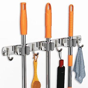 CUXIXA Mop and Broom Holder Wall Mount, Upgraded Broom Organizer Wall Mount, Stainless Steel Broom Hanger Wall Mount for Home Kitchen Garden Laundry Garage (3 Racks with 4 Hooks)