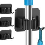DOMAXCAI 4 Pack Anti-Slip Broom Holder, Space-Saving, Damage-Free Wall Mount, Stainless Steel, Black
