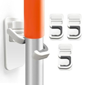 3 Pack Broom Holder Wall Mount, No Drill Self Adhesive Mop & Broom Hanger, Command Broom Organizer for Mop, Dustpan, Cleaning Tools, Holds 6 lb, White