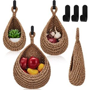 Honeydak Hanging Wall Basket Teardrop Hanging Baskets Onion Basket Coat Bohemian Storage Fruit Wall Hooks for Kitchen Wall Home Restaurant Storage Vegetable, 3 Sizes(Linen)
