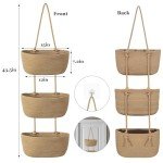 wymulot 3 Tier Wall Mounted Woven Hanging Basket, Over the Door Hanging Basket with Hooks, Decorative Storage Hanging Closet Removable, Large Wall Basket for Living Room, Bedroom, Kitchen (Brown)