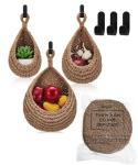 Honeydak Hanging Wall Basket Teardrop Hanging Baskets Onion Basket Coat Bohemian Storage Fruit Wall Hooks for Kitchen Wall Home Restaurant Storage Vegetable, 3 Sizes(Linen)