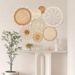 Boho Wall Basket Decor Set of 8 - Flat Woven Basket Wall Hanging Decor,Round Tassels White Macrame Tapestry Wall Decor Art,Handmade Rattan Wicker Seagrass Home Wall Baskets Decor（Boho Classic)