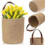 YOUEON Set of 2 Jute Hanging Basket 7.8" x 6.7", Wall Hanging Planter Baskets, Jute Woven Hanging Storage Baskets, Small Woven Baskets for Sunglasses Wallet Keys Flower Plants Towels Toys