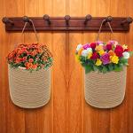 YOUEON Set of 2 Jute Hanging Basket 7.8" x 6.7", Wall Hanging Planter Baskets, Jute Woven Hanging Storage Baskets, Small Woven Baskets for Sunglasses Wallet Keys Flower Plants Towels Toys