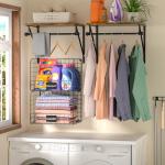 Laundry Room Shelves Wall Mounted with Wire Baskets, Over the Washer and Dryer Shelf with Clothes Drying Rack, Wire Shelves Baskets for Laundry Closet Organization and Storage, Wood+Metal, Black