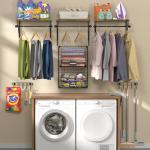 Laundry Room Shelves Wall Mounted with Wire Baskets, Over the Washer and Dryer Shelf with Clothes Drying Rack, Wire Shelves Baskets for Laundry Closet Organization and Storage, Wood+Metal, Black