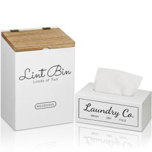 Megsooul Magnetic Lint Bin and Dryer Sheet Holder Set for Laundry Room, Farmhouse Wooden Lint Trash Can with Lid and Dryer Sheet Dispenser Box Magnetic for Mounting,Stylish Laundry Room Organization