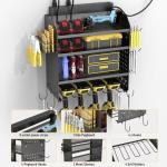 Drill Holder Wall Mount with 8-Outlet Charging Station, 190lbs Load 4 Layers Carbon Steel Heavy-Duty Power Tool Organizer Wall Mount for Garage & Workshop, 4 Drill Holders, Modular Pegboard Rack