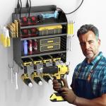 Drill Holder Wall Mount with 8-Outlet Charging Station, 190lbs Load 4 Layers Carbon Steel Heavy-Duty Power Tool Organizer Wall Mount for Garage & Workshop, 4 Drill Holders, Modular Pegboard Rack