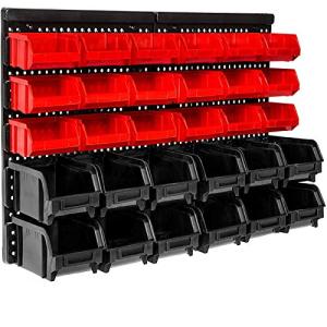 WISION Wall Mounted Storage Bins, 30 Wall Mount Tool Organizer Bins Plastic Parts Rack Container, Easy Access Compartments For Tools, Hardware, Crafts, Office Supplies And More, Blackred