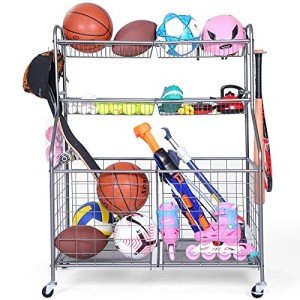 Kinghouse Garage Sports Equipment Organizer, Ball Storage Rack, Toy Storage, Nerf Gun Organization on Wheels for School, Garage, Black, Steel (Grey)
