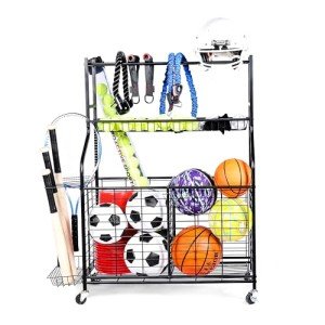 Sports Equipment Organizer, Garage Ball Storage Rack, Golf Bag Storage Stand and Other Sports Equipment and Toys, Indoor/Outdoor Stand - Moveable, Rolling Cart, Black