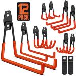 Garage Hooks, 12 Pack Wall Storage Hanger with 2 Extension Cord Straps, Heavy Duty Tool Holder for Utilities Organization, Wall Mount Rack for Garden Lawn Tools, Ladders, Bike, Ski (Orange)