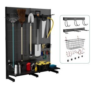 JWX Garage Pegboard Tool Organizer Free Standing, Organizer Storage Rack with 21 Pegboard Storage Set Max 300 lbs Super Heavy Duty Garden Tool Hanger Rack for Ski Gears, Broom, Shovel Yard Tools