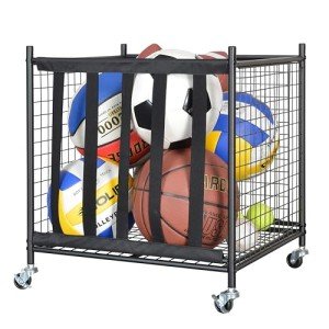Snail Sports Ball Storage Rolling Cart Lockable Sports Ball Storage Rack with Elastic Straps, Stackable Ball Cage for Garage Storage Organizer, Compact Size But Functional, Matt Black